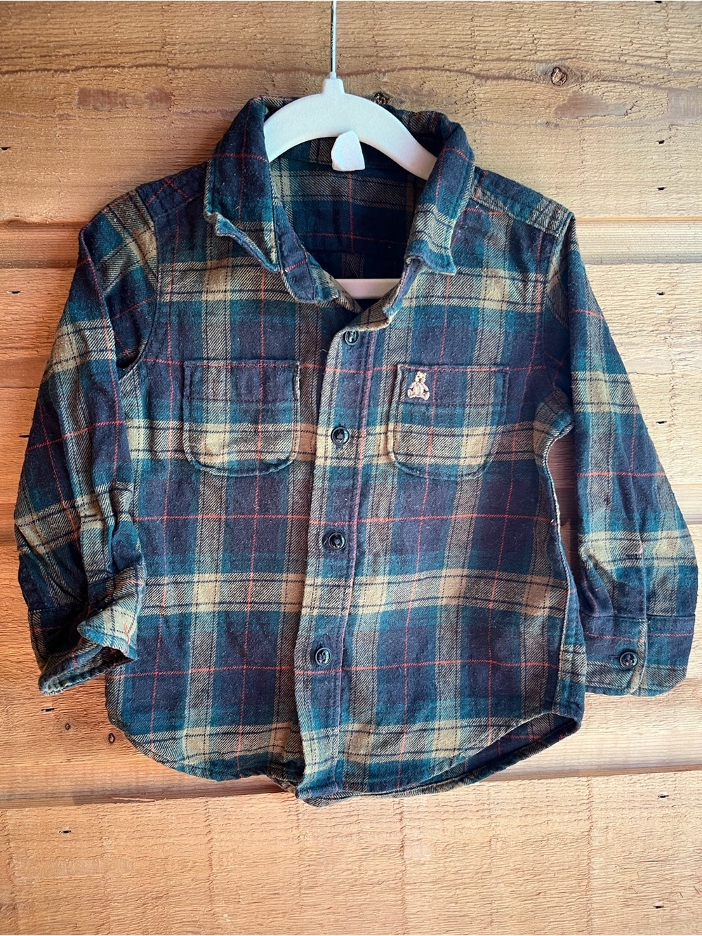 GAP - Baby Plaid Button-Up Flannel Shirt in Green/Navy 18-24mp